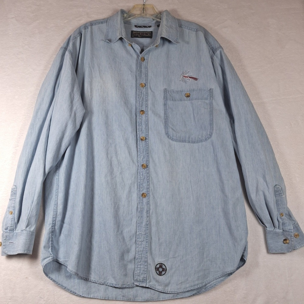Vtg Jansport Mens Light Wash Blue Denim Cotton Button Down Fishing Shirt Large